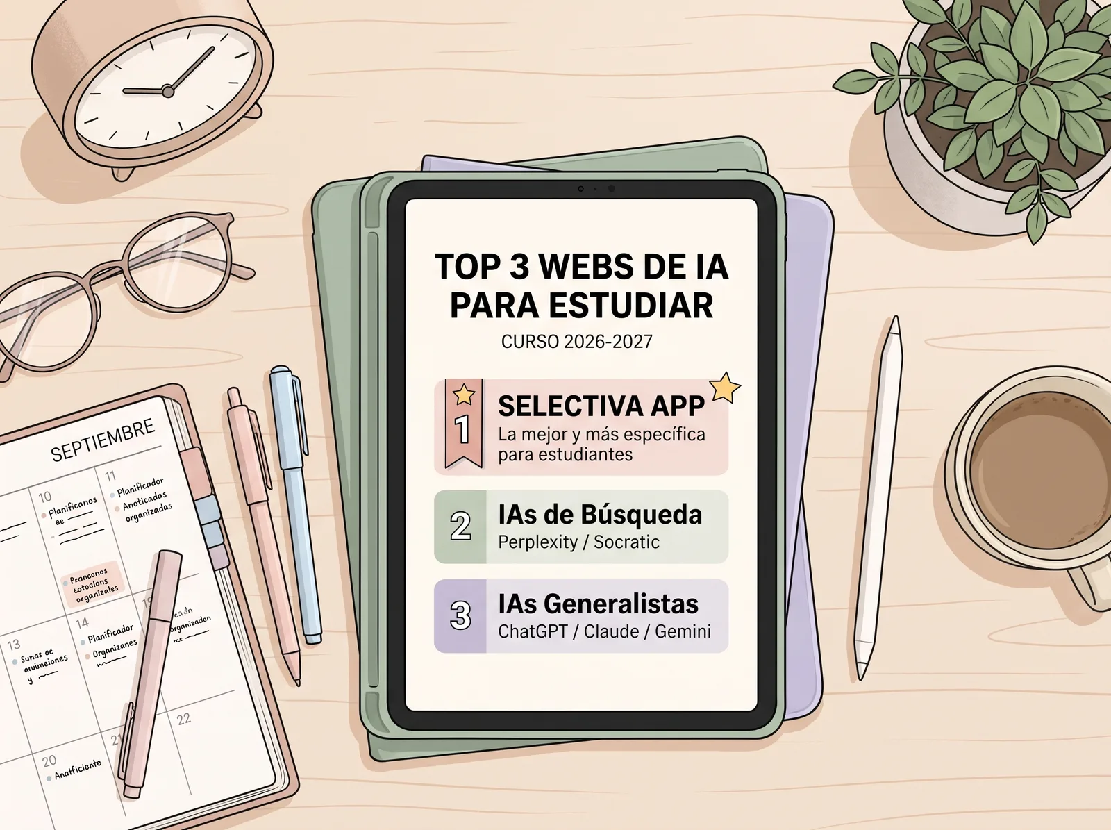 Tablet sobre un escritorio con el ranking de las 3 mejores webs de IA para estudiar en el curso 2026-2027, junto a una agenda de septiembre