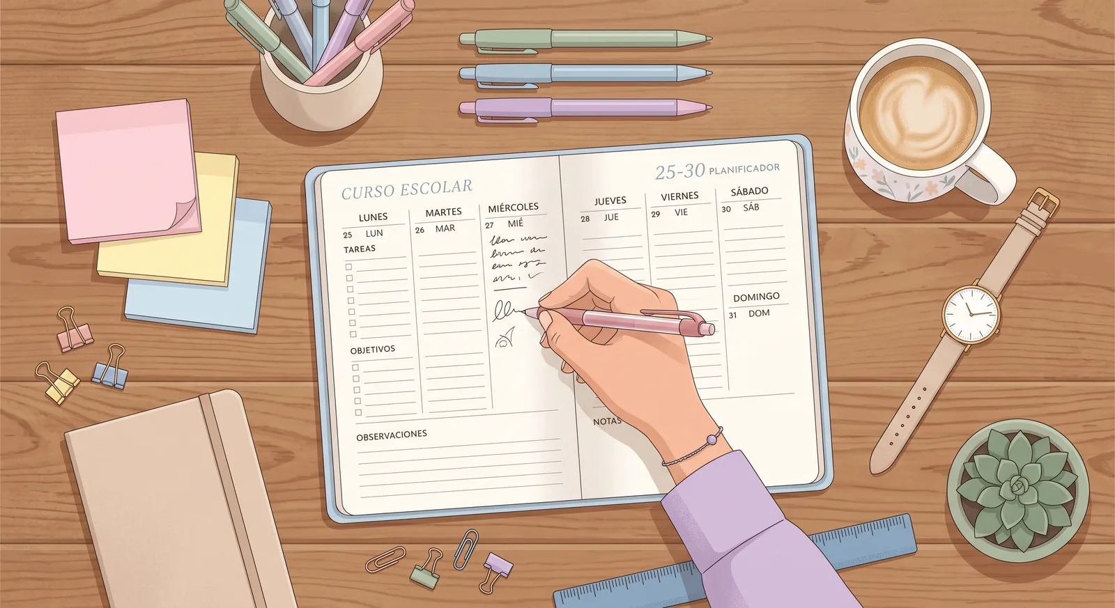 Estudiante organizando la semana en una agenda con vista semanal