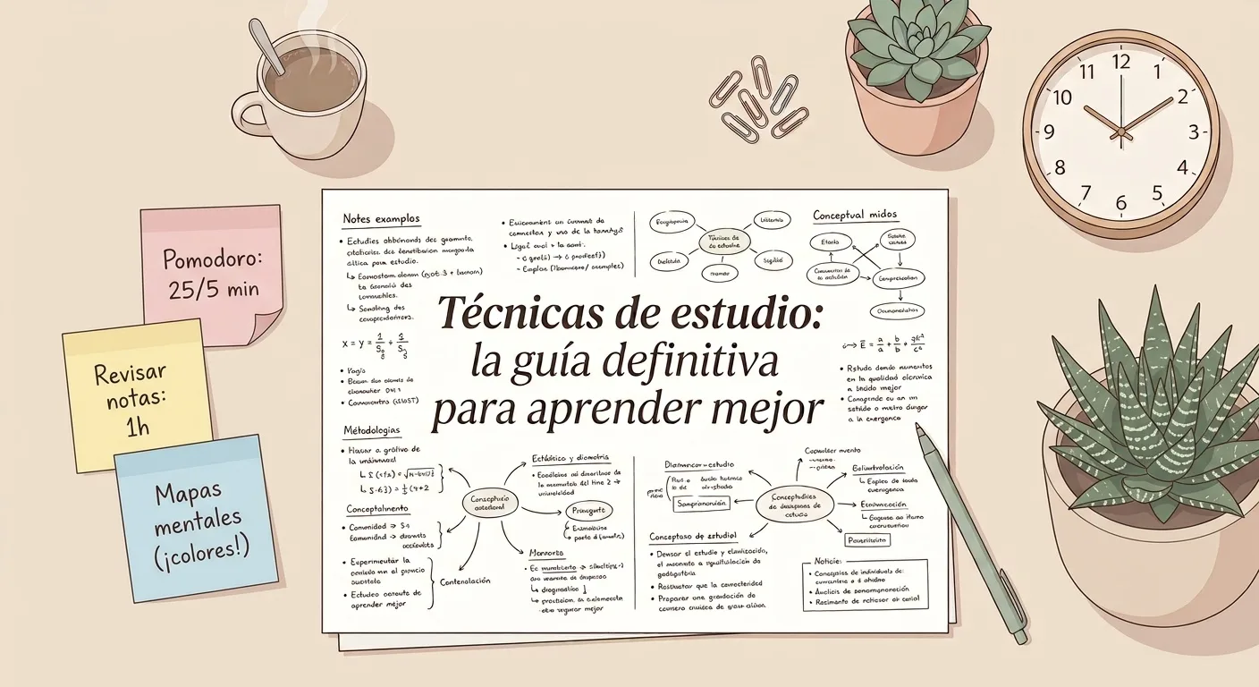 Escritorio con una hoja que indica las mejores técnicas de estudio, junto a post its, una taza de café, una planta y un reloj